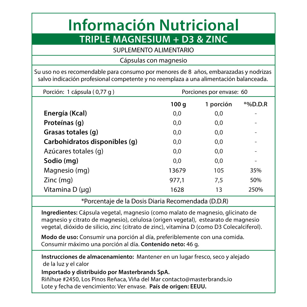 Triple Magnesio + Zinc+ Vitamina D - 60 cápsulas