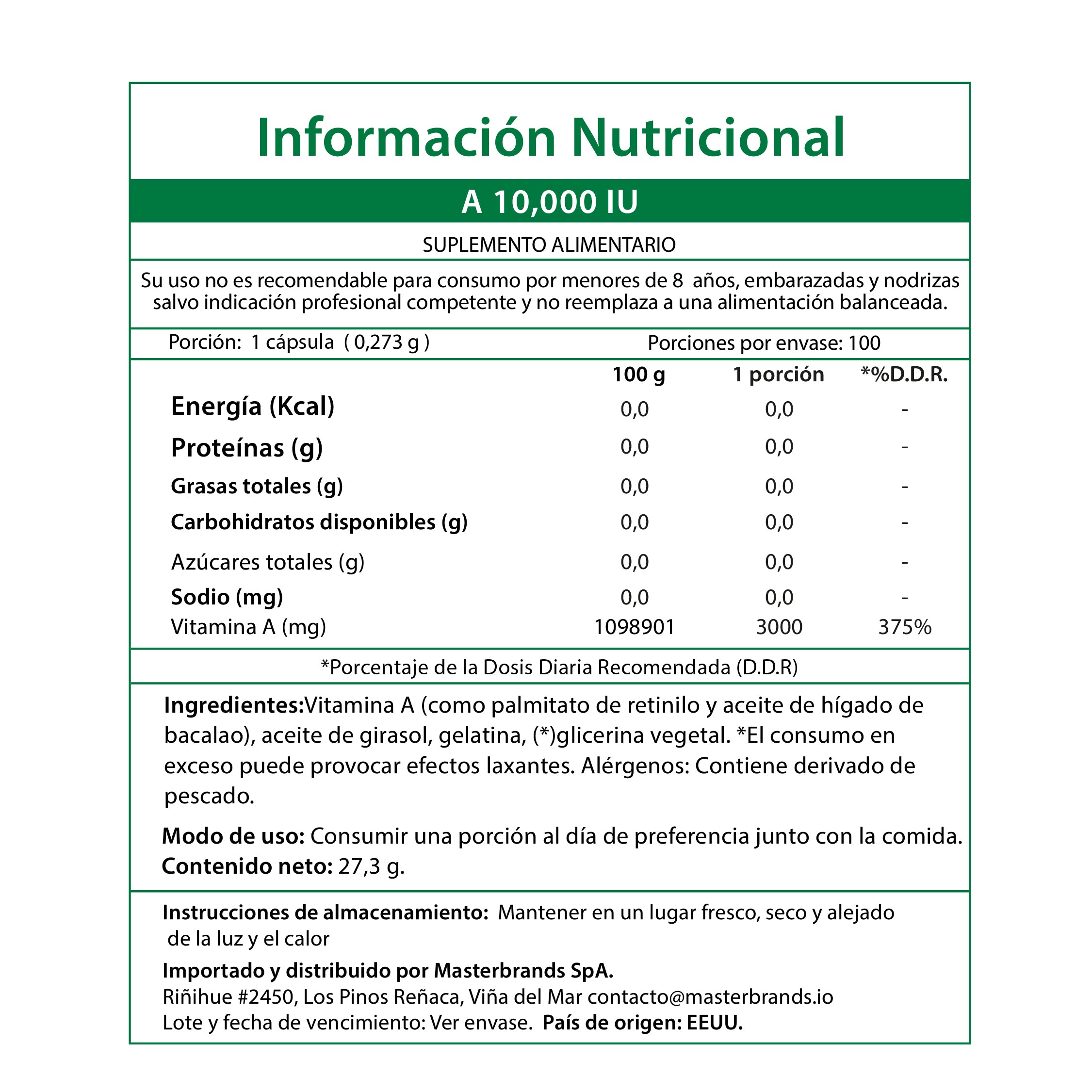 Vitamina A 3.000 MCG (10,000 UI) - 100 Cápsulas Blandas