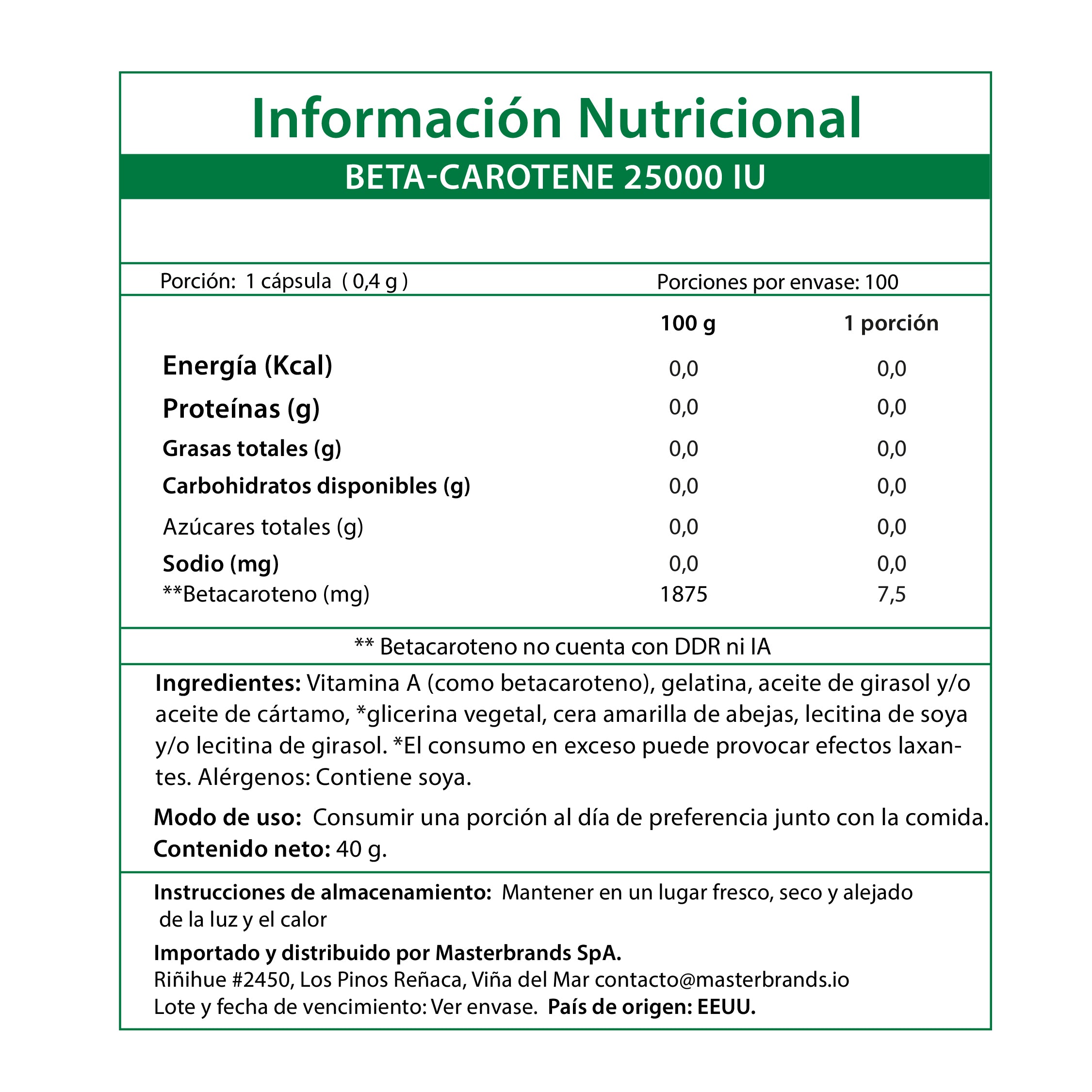 Betacaroteno 25.000 UI (7500 Mcg) - 100 Cápsulas Blandas