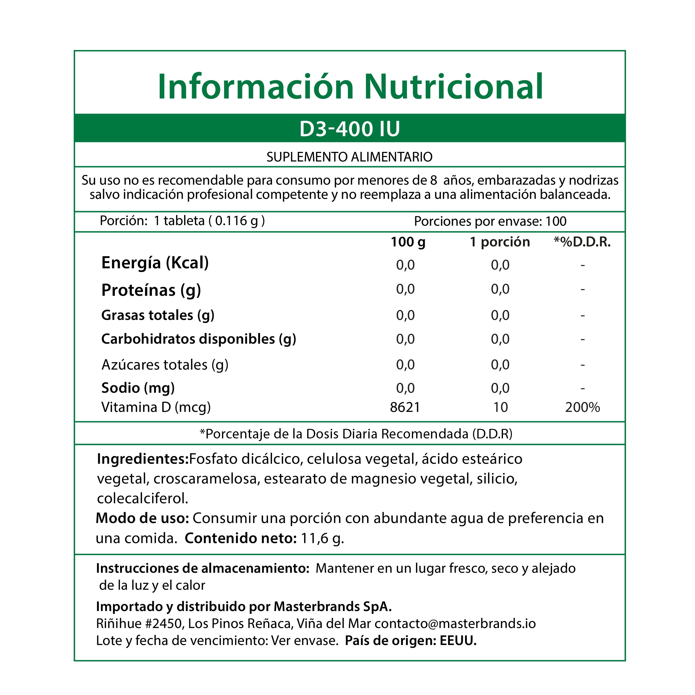 Vitamina D3 400 IU - 100 Comprimidos