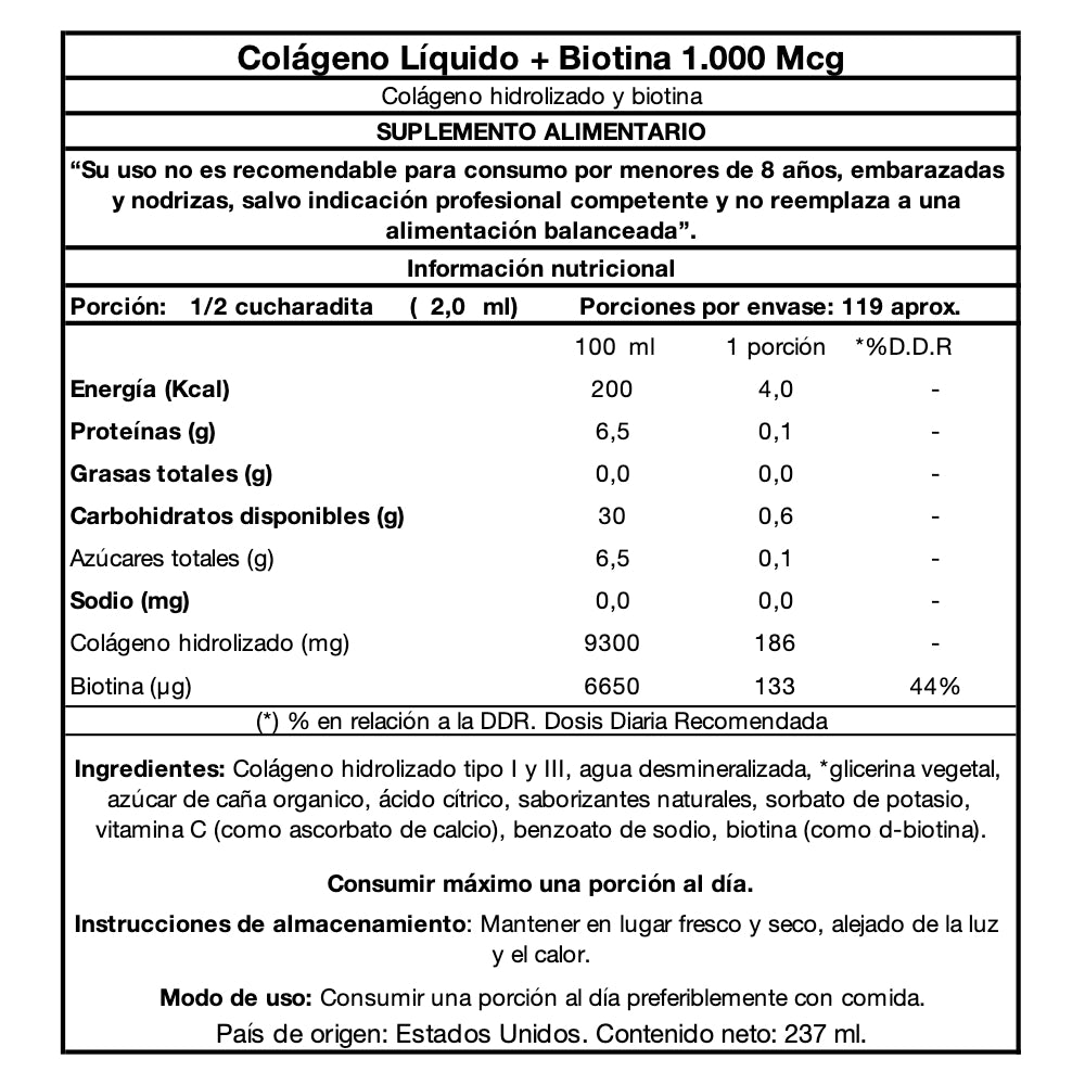 Colágeno Líquido + Biotina 1.000 Mcg