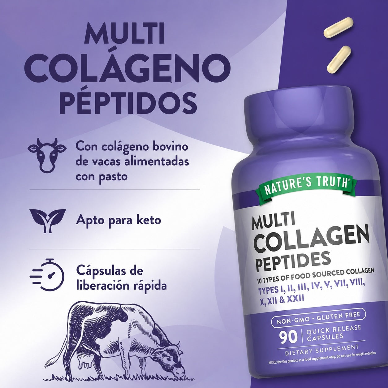 Multi Collagen Complex Colágeno Tipo I, II, III, V, X - 90 Cápsulas