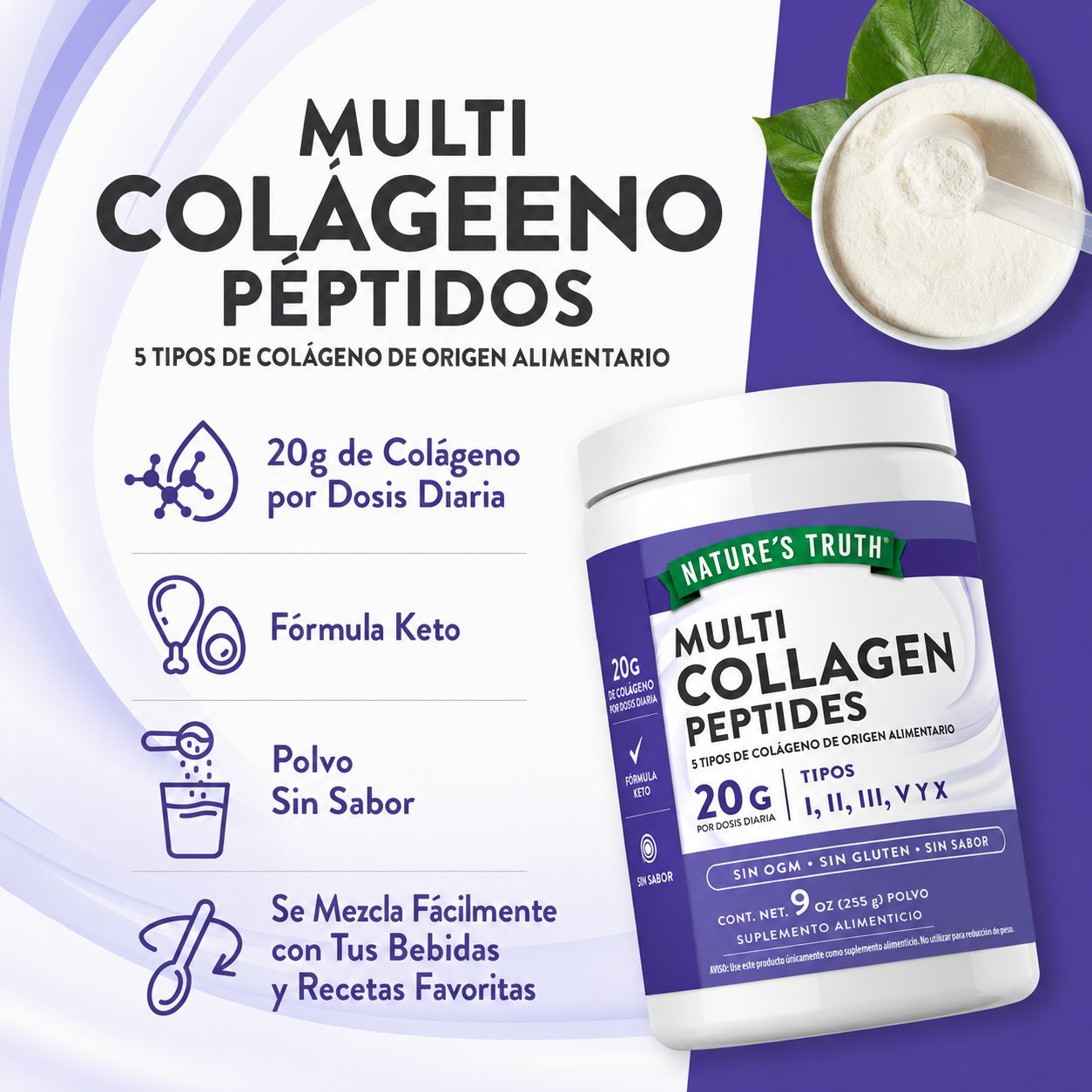 Multi Colágeno Complex Colágeno 20gr Tipo I, II, III, IV, V, VII, VIII, X, XII & XXII En Polvo - 255 Grs