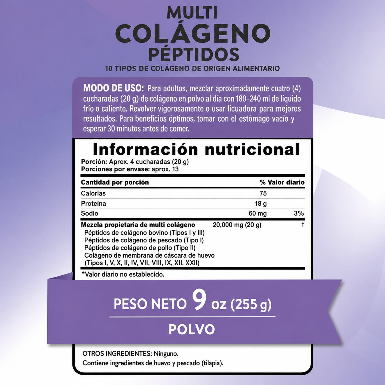 Multi Colágeno Complex Colágeno 20gr Tipo I, II, III, IV, V, VII, VIII, X, XII & XXII En Polvo - 255 Grs