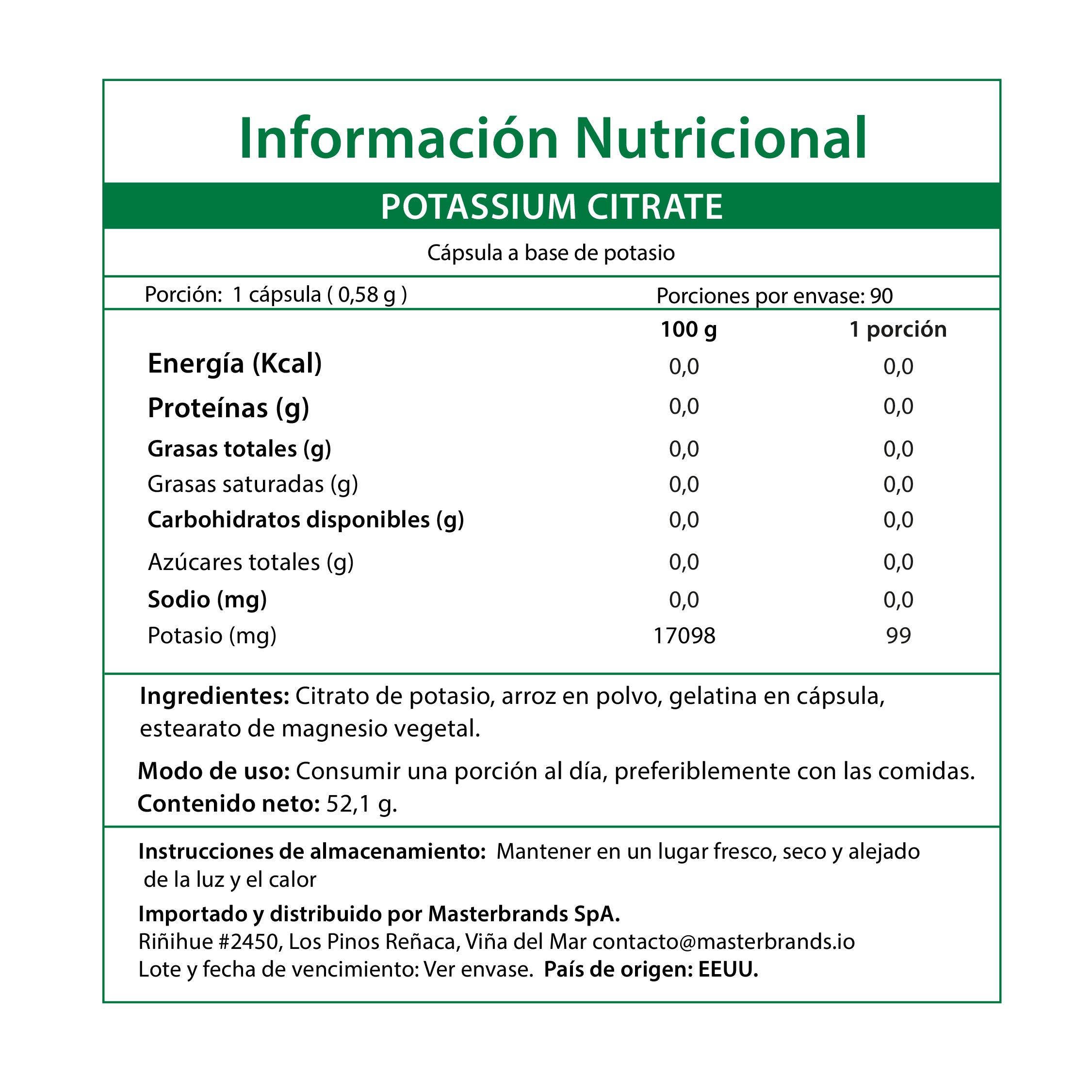 Citrato de Potasio 275 mg - 90 Cápsulas