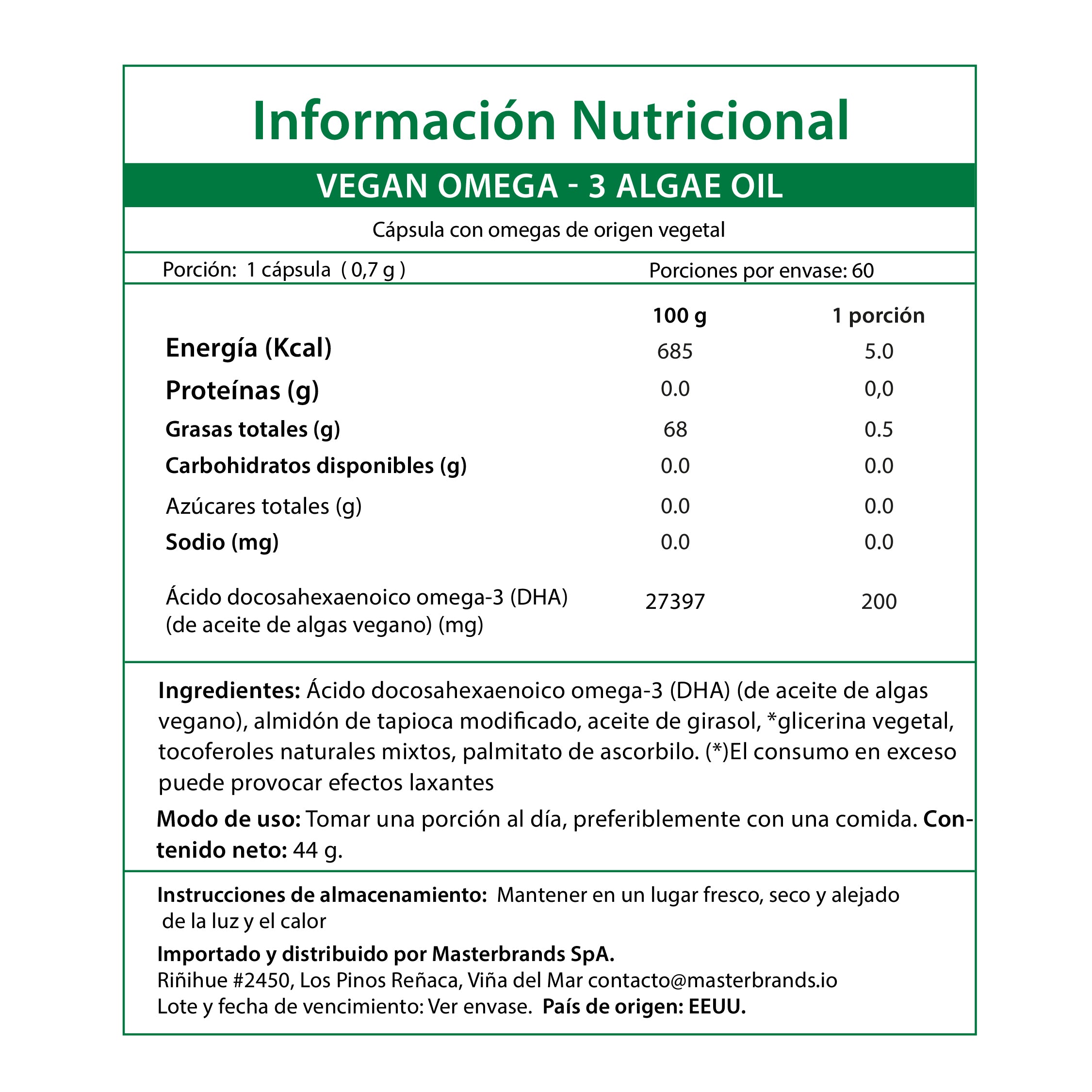 Omega 3 Algae Oil Vegano con DHA - 60 Cápsulas Blandas Veganas