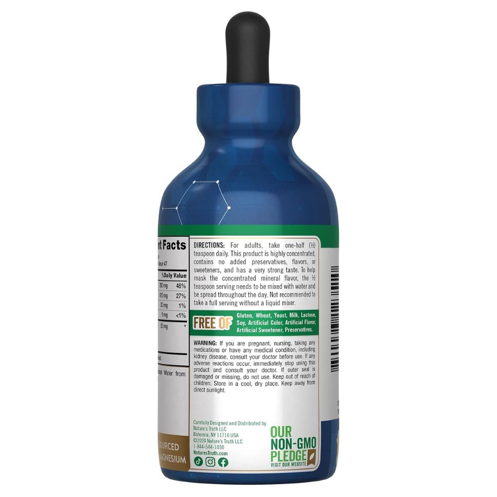 Magnesio Líquido de Alta Absorción 200 mg + Electrolitos –  Vegano y sin Gluten, 48 Porciones