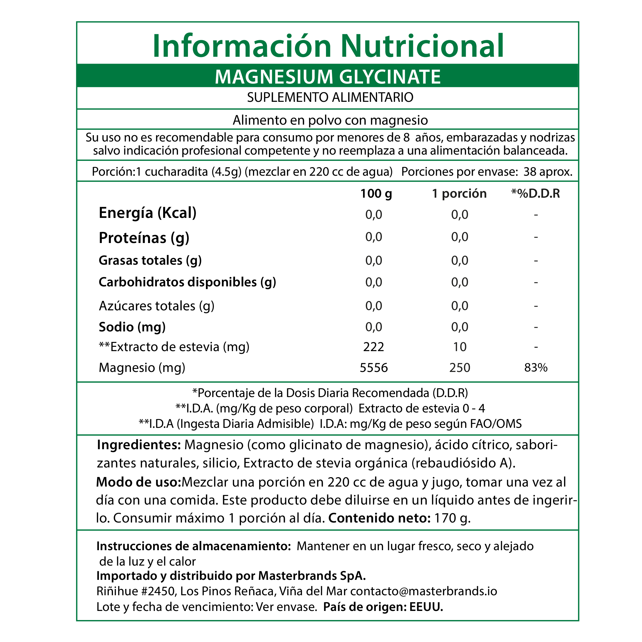 Magnesio Glicinato en polvo sabor limón 170 gr (Sin Glúten)