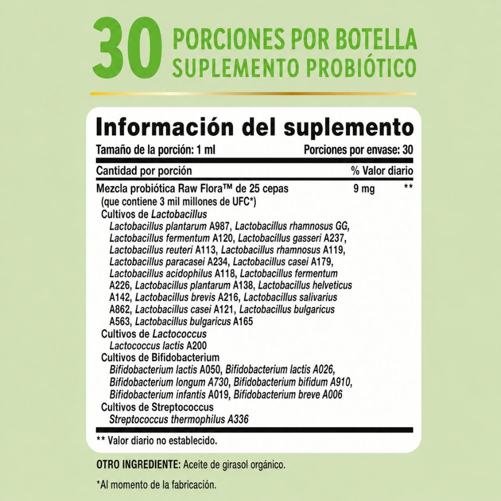Probiótico líquido Raw Flora 3 billones + 25 cepas vivas | 30 ml - 30 servicios