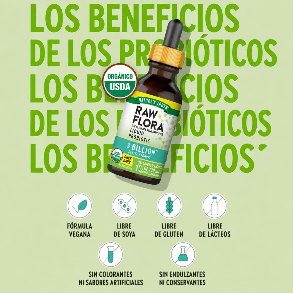 Probiótico líquido Raw Flora 3 billones + 25 cepas vivas | 30 ml - 30 servicios