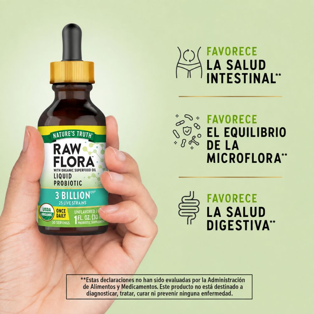 Probiótico líquido Raw Flora 3 billones + 25 cepas vivas | 30 ml - 30 servicios