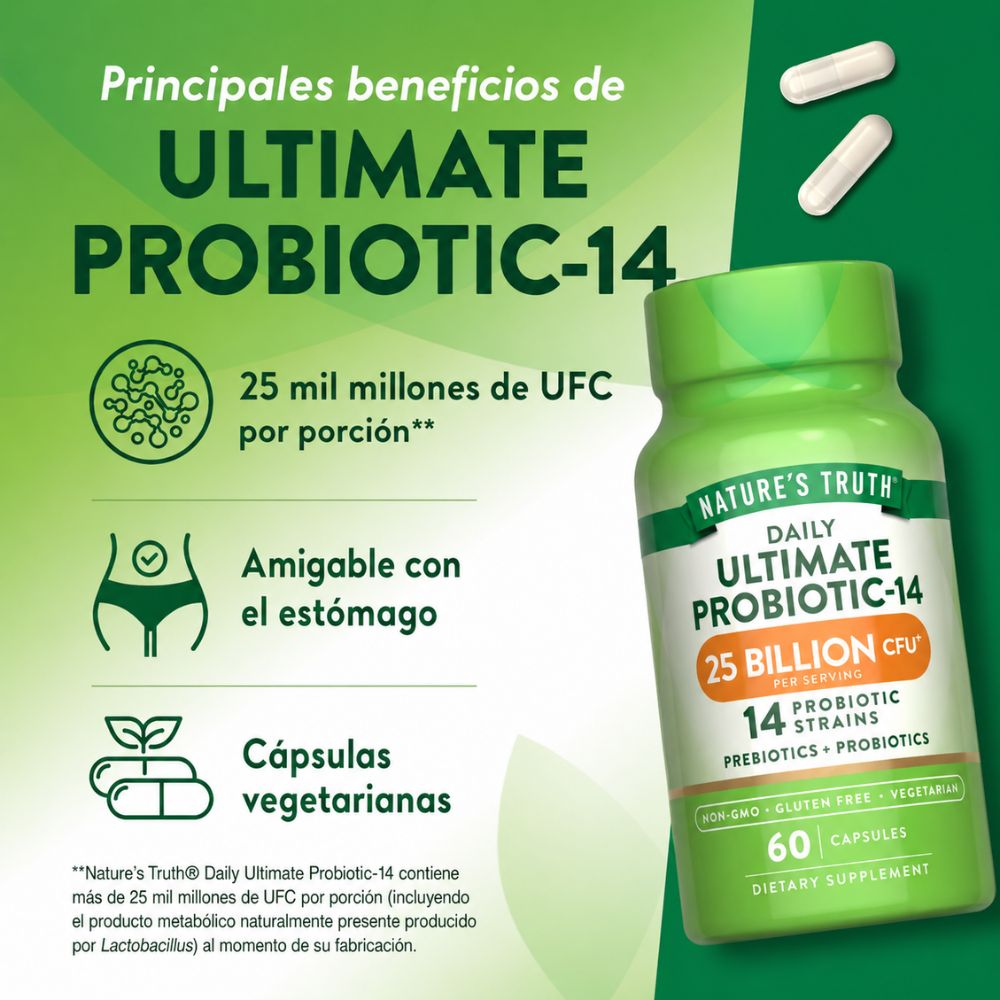 Probiótico de Alta Potencia 25.000 Millones UFC + Inulina Orgánica – Salud Intestinal para Hombres y Mujeres - 60 cápsulas