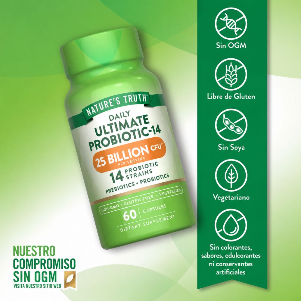 Probiótico de Alta Potencia 25.000 Millones UFC + Inulina Orgánica – Salud Intestinal para Hombres y Mujeres - 60 cápsulas