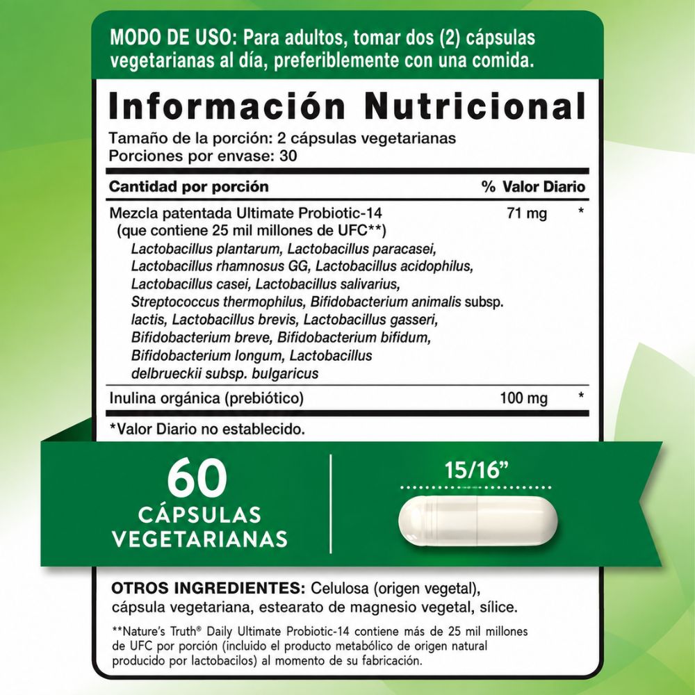 Probiótico de Alta Potencia 25.000 Millones UFC + Inulina Orgánica – Salud Intestinal para Hombres y Mujeres - 60 cápsulas