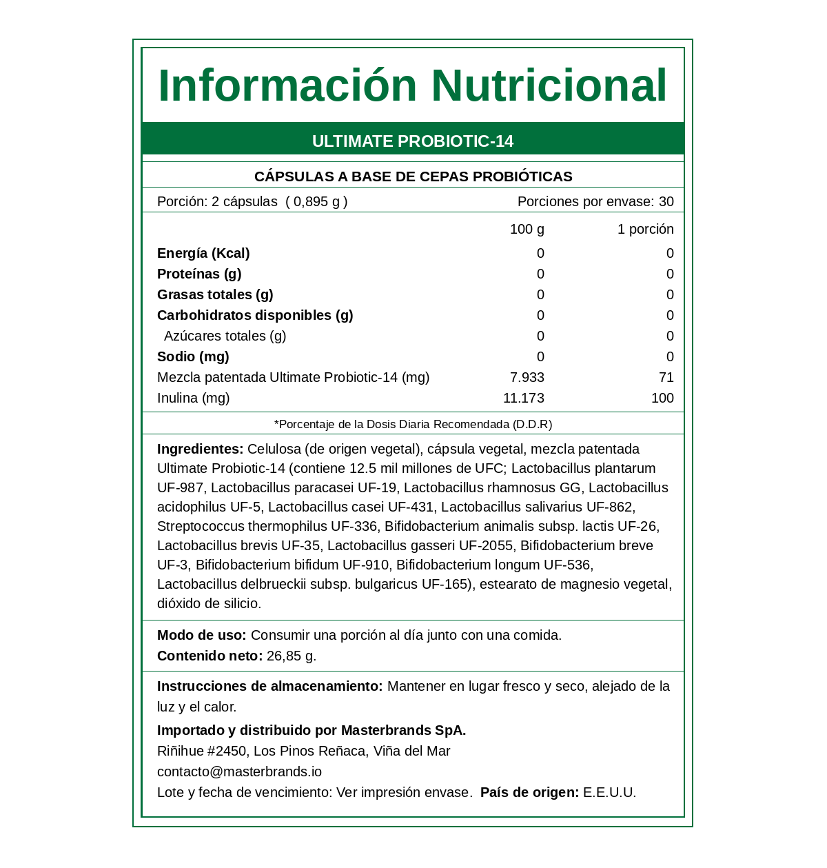 Probiótico de Alta Potencia 25.000 Millones UFC + Inulina Orgánica – Salud Intestinal para Hombres y Mujeres - 60 cápsulas