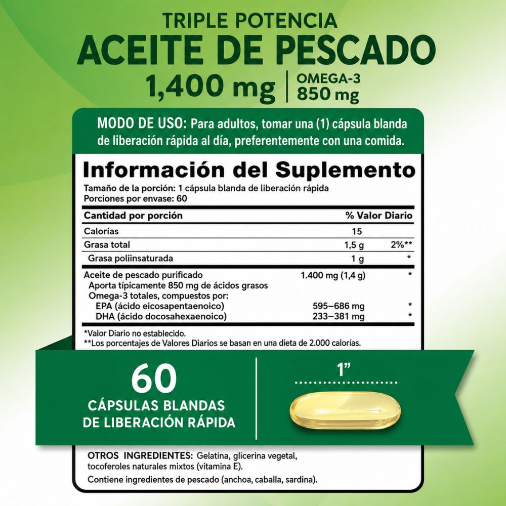 Omega 3 Fish Oil 1400 mg con esencia de limón - 60 Cápsulas Blandas